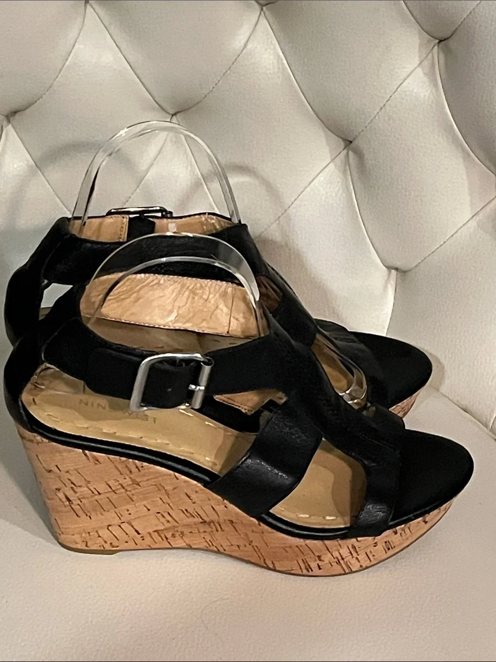 Nine West Black Leather Cork Wedge Sandals Size 8